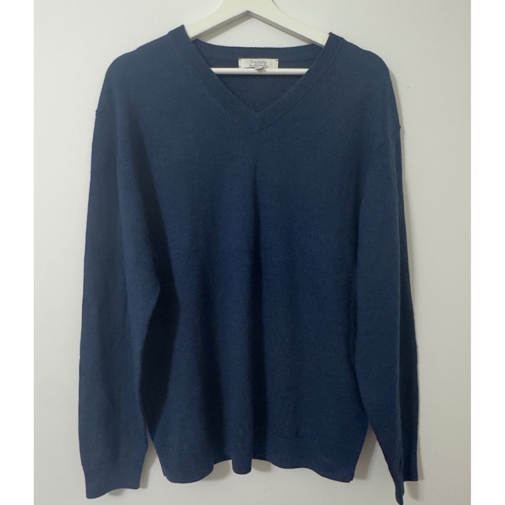 Turnbury V-Neck Wool Sweater Mens Large Navy Blue Merino Wool Long Sleeve